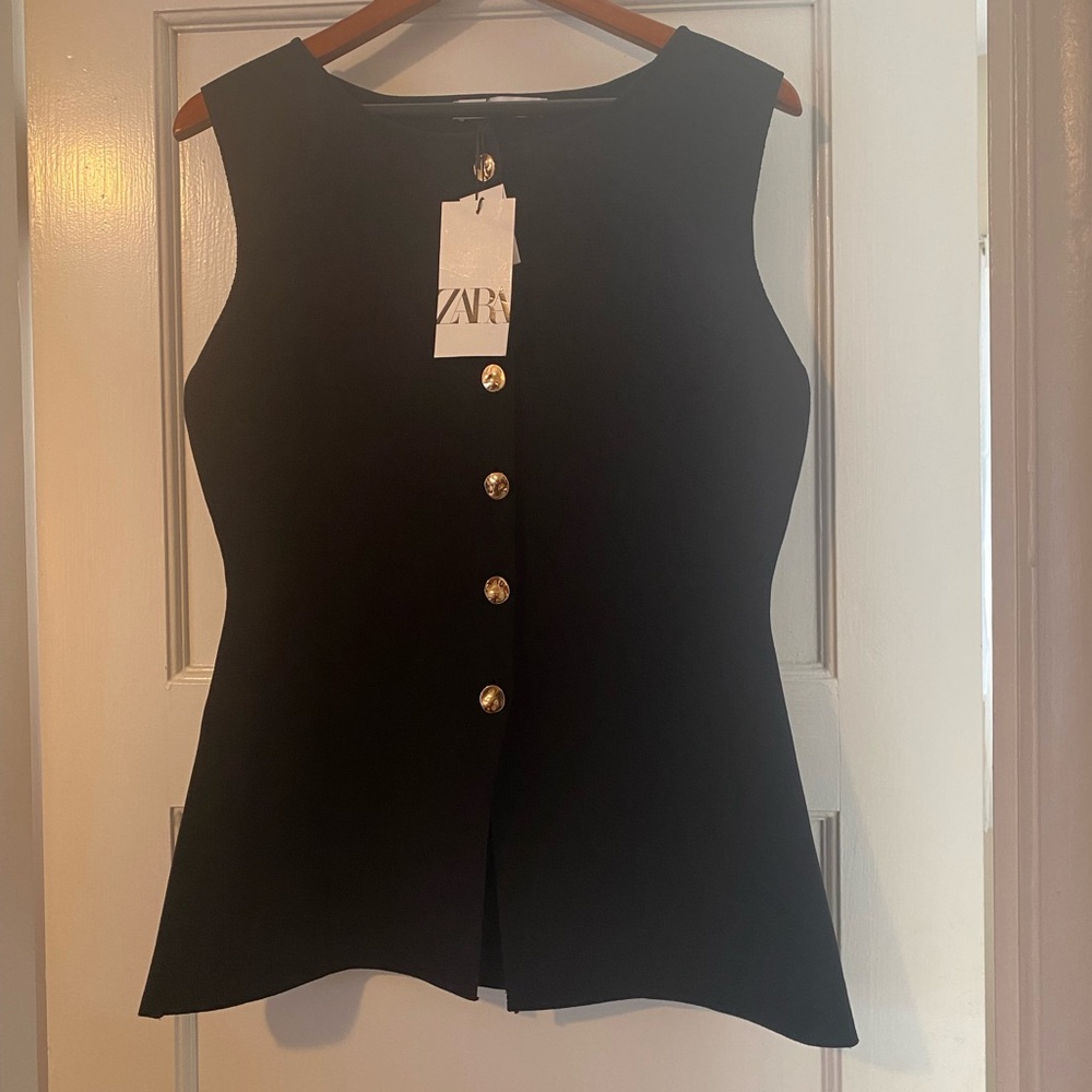 Zara Black Gold Button Vest Top, NWT, Size XL